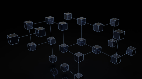 Abstract visualization of a decentralized network with interconnected transparent cubes on a dark background, representing blockchain architecture, distributed systems, or data connectivity.