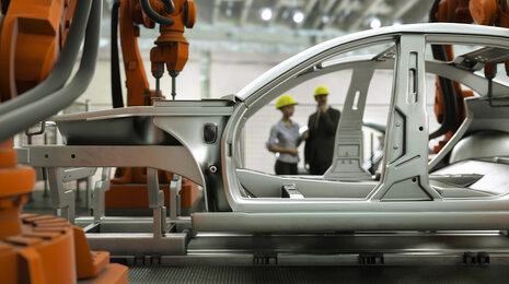 Automated automotive production line with robotic arms assembling a car body frame, while two engineers wearing yellow safety helmets observe the process in a modern factory.
