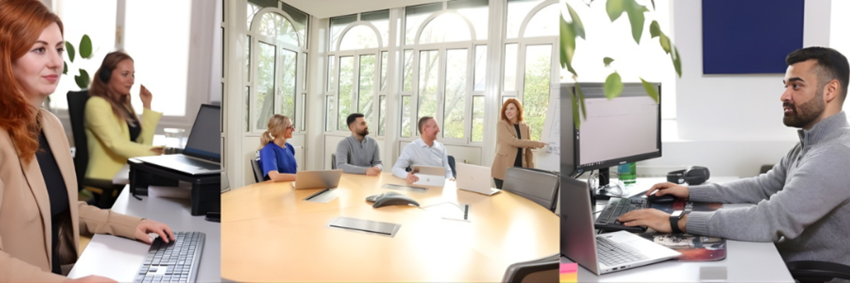 Collage, die eine B&uuml;roszene zeigt