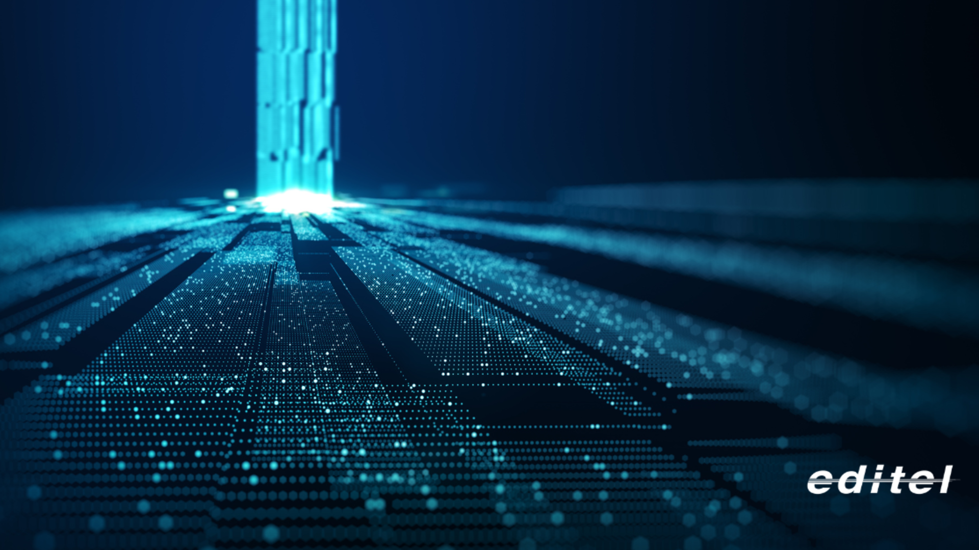 Abstract digital technology background with glowing data stream and circuit-like grid in blue