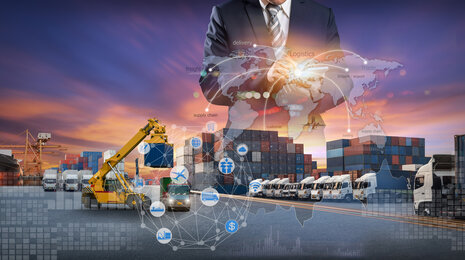 Global logistics and supply chain network with trucks, containers, and digital connectivity icons.