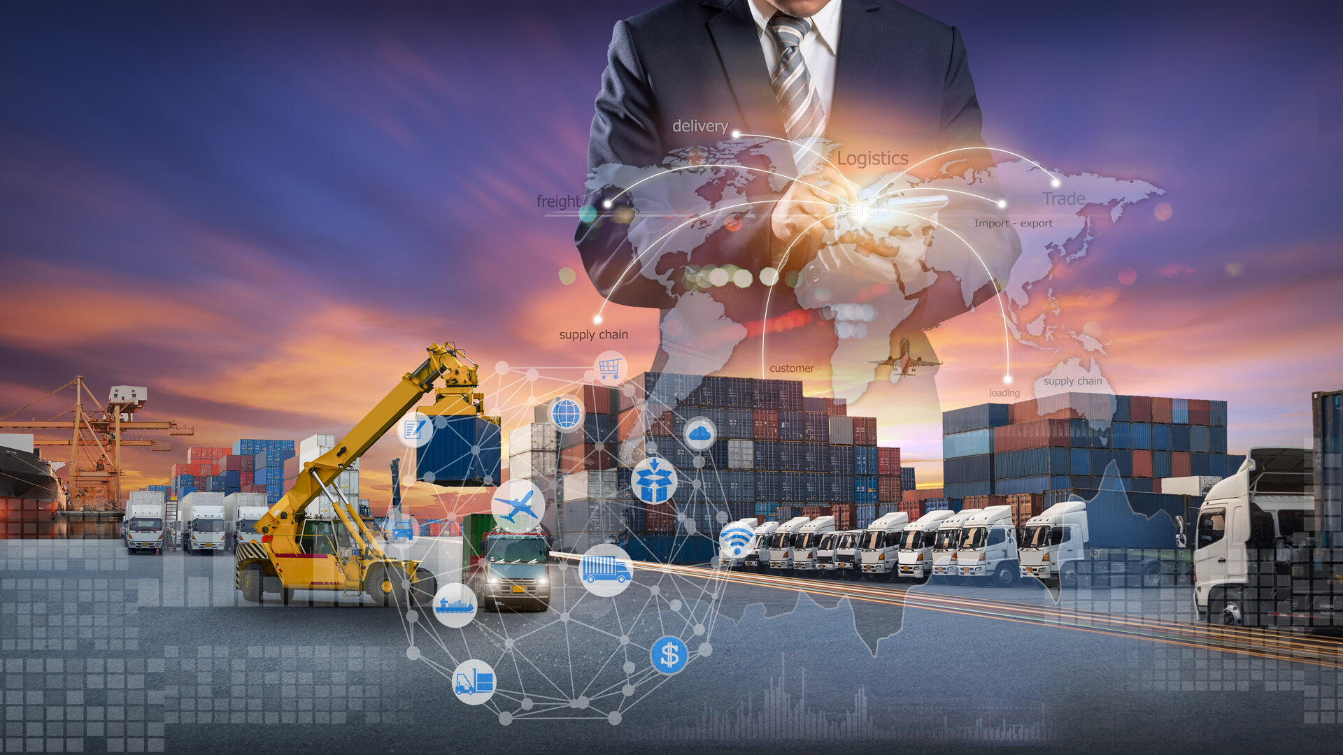 Global logistics and supply chain network with trucks, containers, and digital connectivity icons.