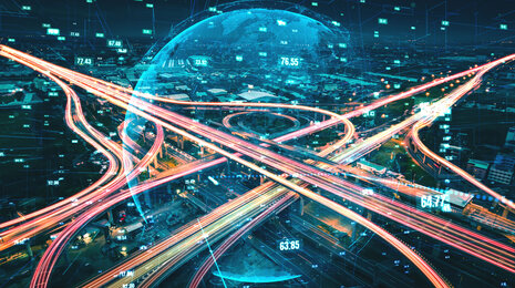 Digital highway network with data flow, representing global connectivity and smart infrastructure