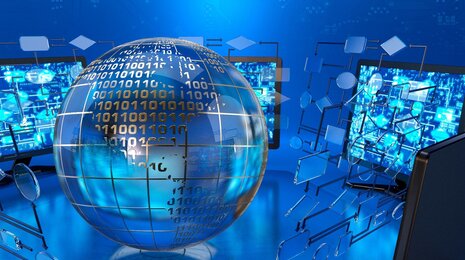 © iStockphoto/adventtr A digital representation of a globe with binary code overlay, surrounded by computer monitors displaying data flow diagrams, symbolizing global data exchange and technological networks
