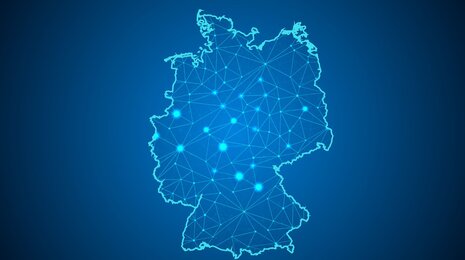 Digital network representation of Germany, with connected nodes and lines symbolizing communication and data infrastructure