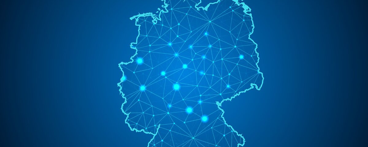 Digital network representation of Germany, with connected nodes and lines symbolizing communication and data infrastructure