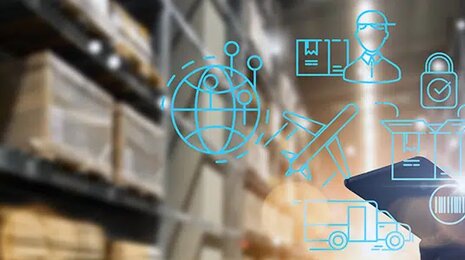 Digital logistics icons over a warehouse background, representing global supply chain management