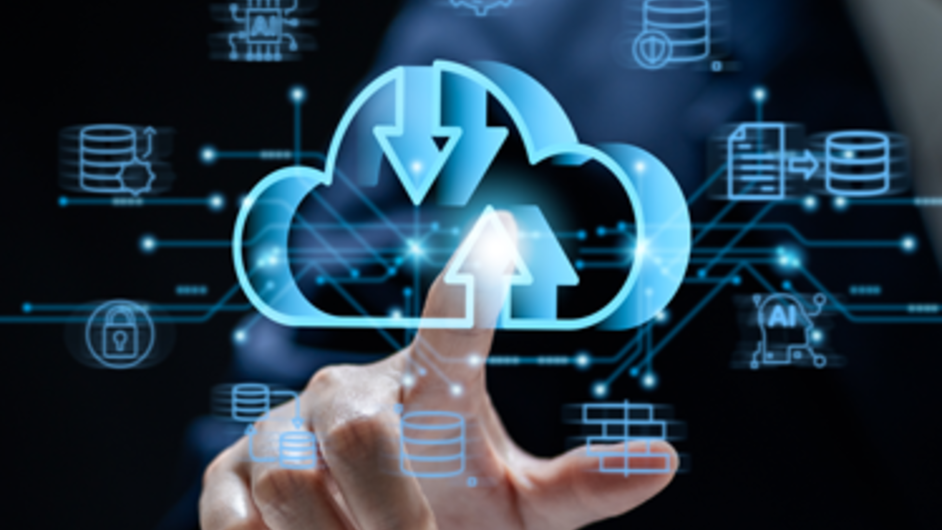 Digital cloud integration interface with data exchange, storage, and system connection icons above a pointing hand.