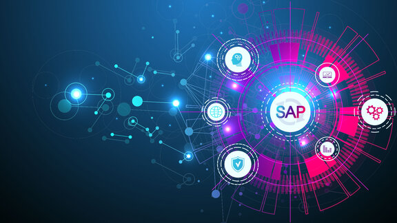 Digital illustration of the 'SAP' logo with tech icons, symbolizing digital transformation and solutions