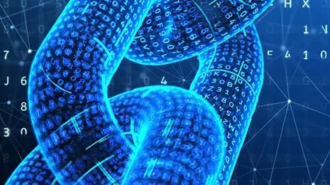 Digital chain with binary code, representing blockchain technology and data security