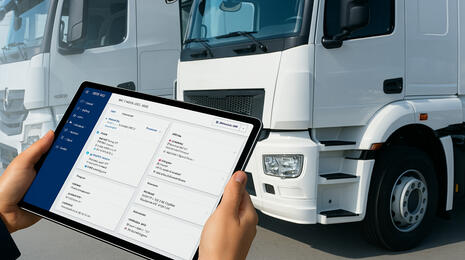Person using a tablet to manage fleet or logistics data in front of parked delivery trucks.