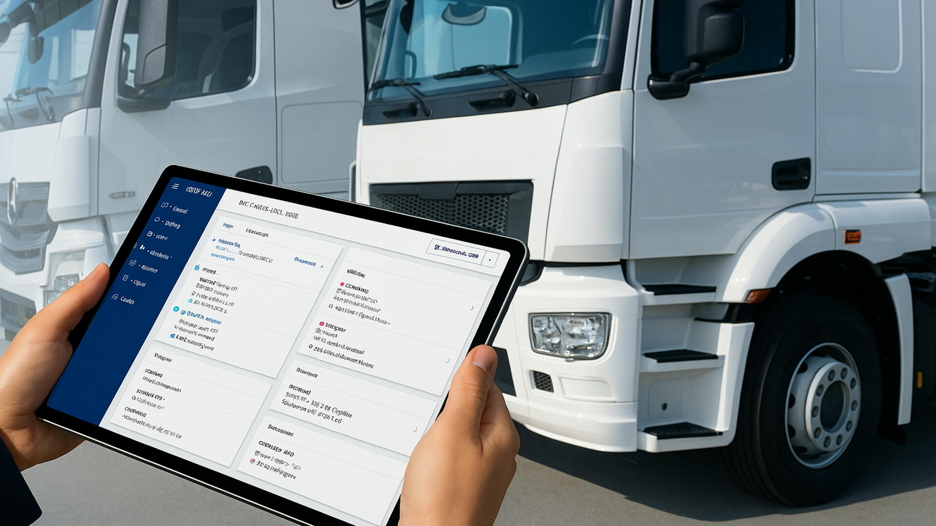 Person using a tablet to manage fleet or logistics data in front of parked delivery trucks.