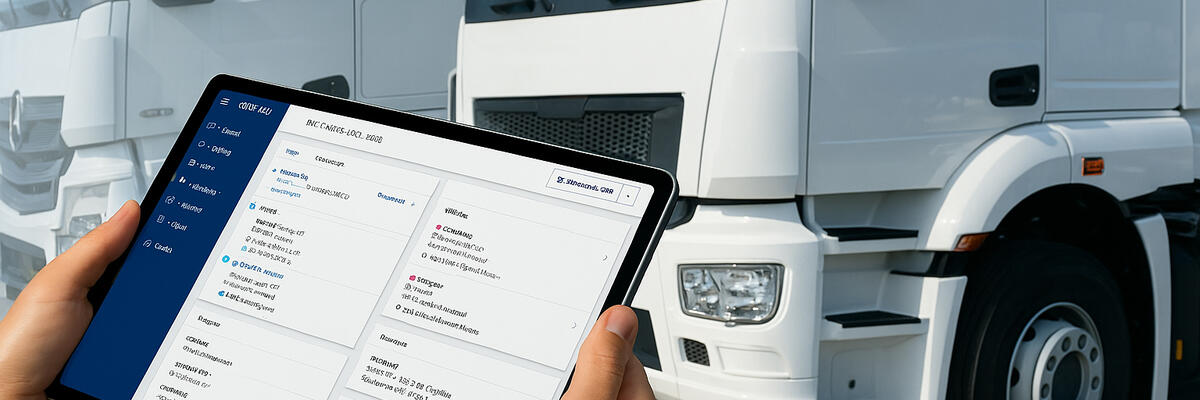Person using a tablet to manage fleet or logistics data in front of parked delivery trucks.