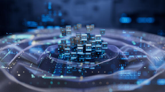 Abstract digital blocks forming a data hub within a futuristic network visualization.