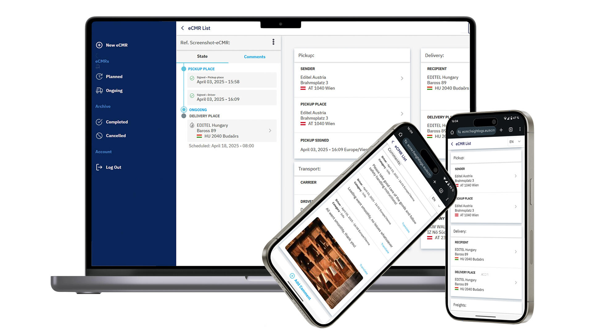 Die eCMR-Anwendung auf Laptop und Smartphone