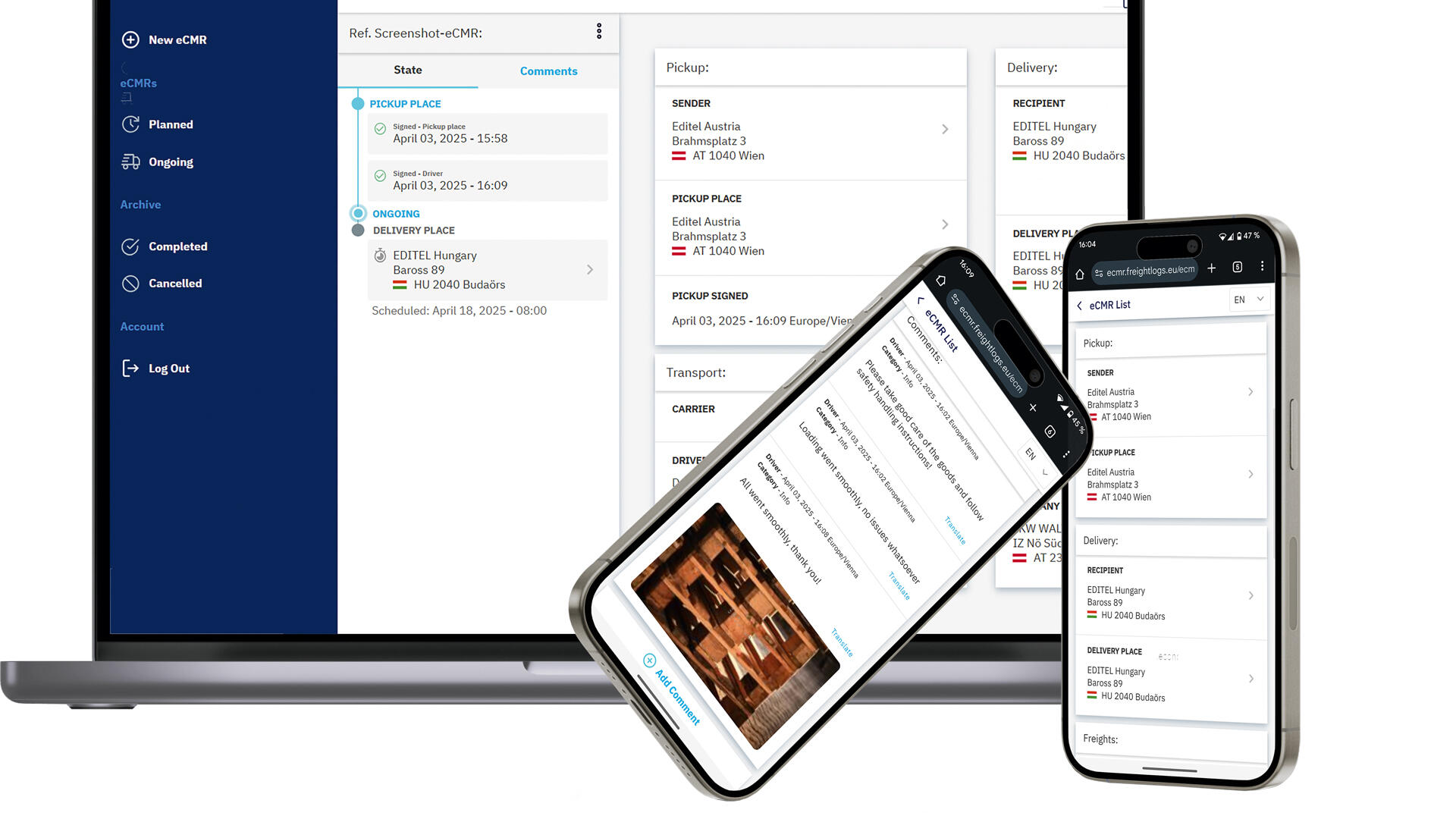 Die eCMR-Anwendung auf Laptop und Smartphone