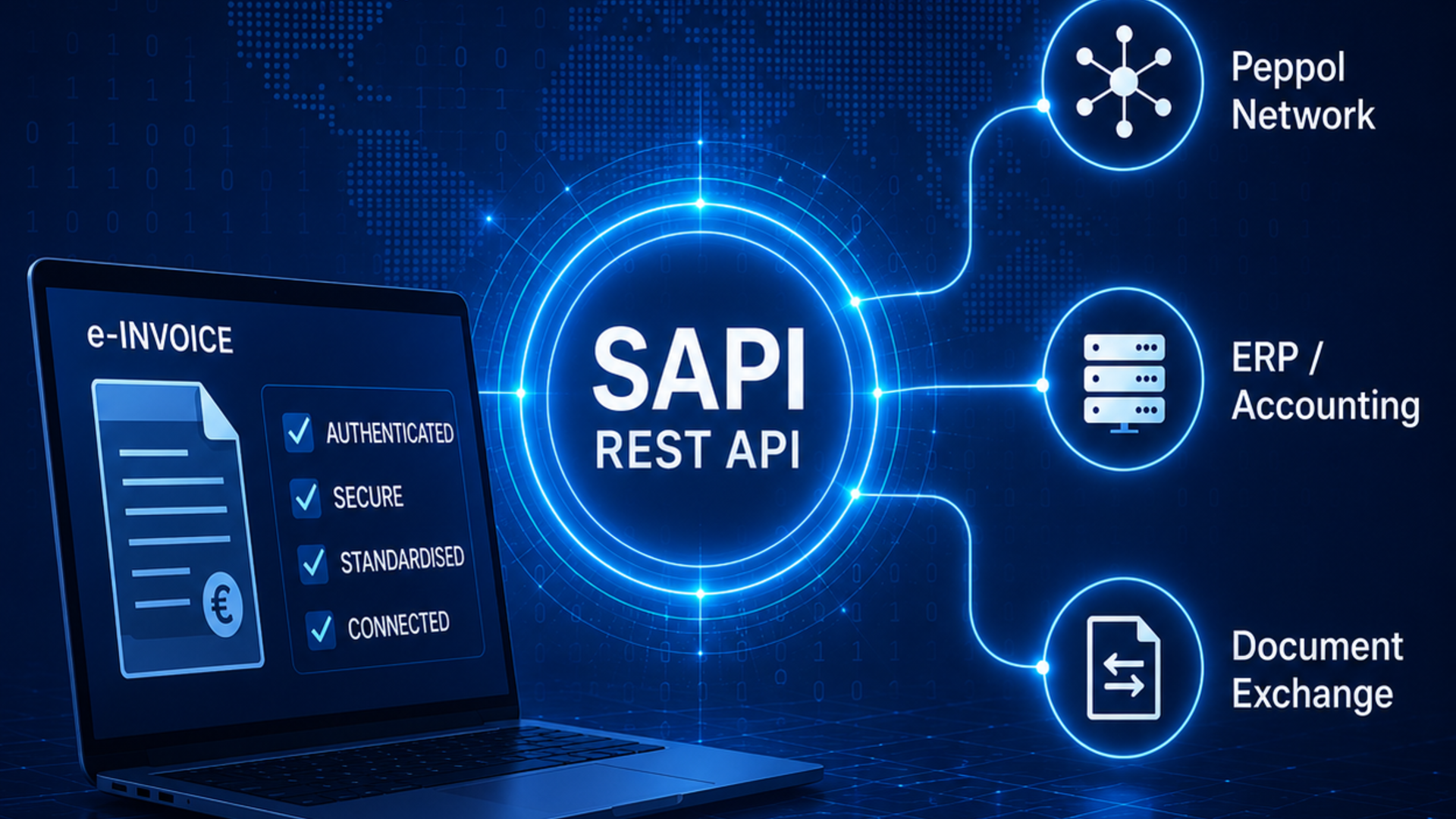 SAPI REST API connecting e-invoicing applications with the Peppol network and ERP or accounting systems.