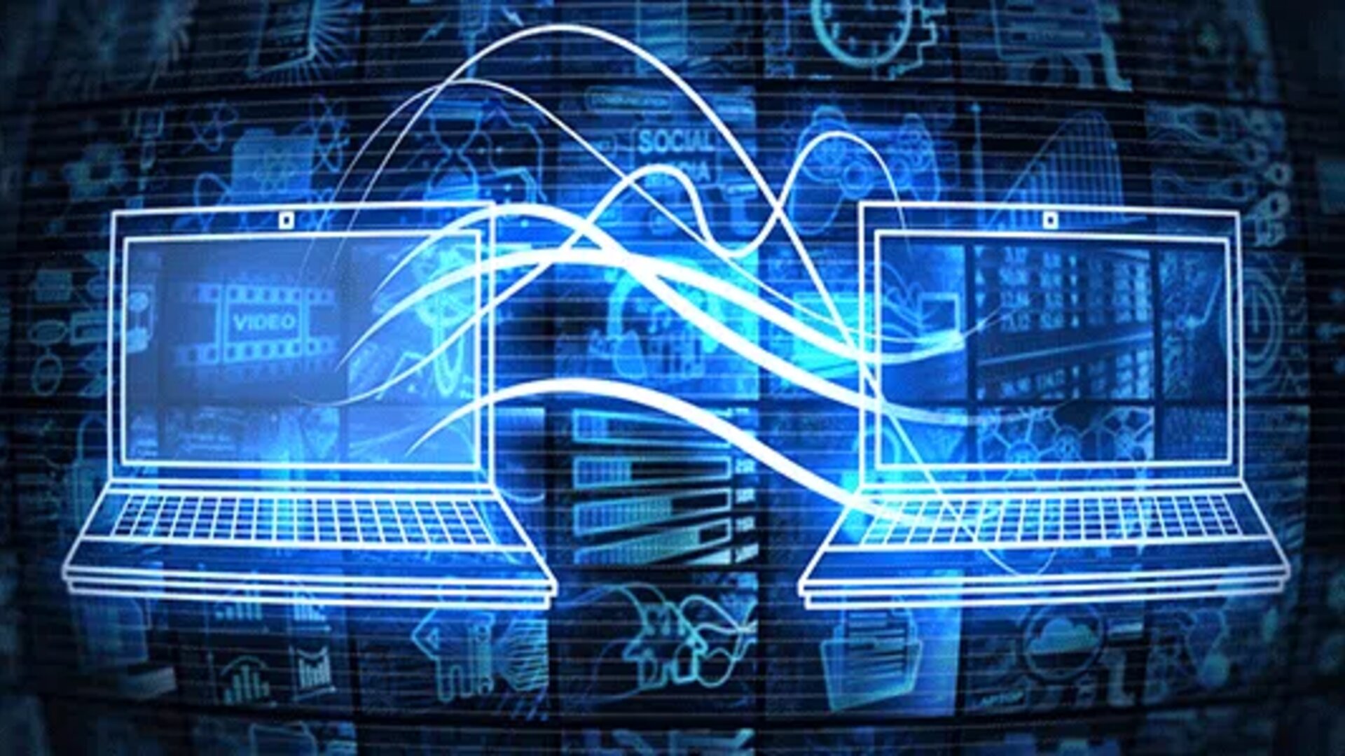 Laptop outlines connected by digital data streams