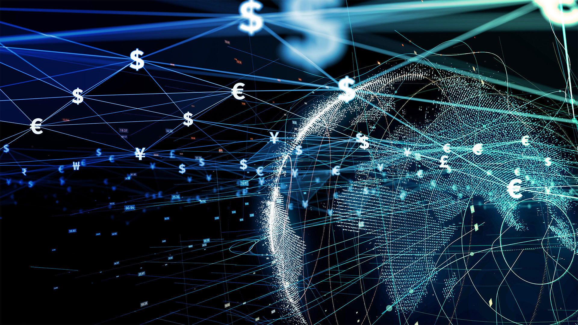Global digital network with currency symbols, representing international financial connections