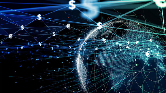 Copyrights iStock Global digital network with currency symbols, representing international financial connections