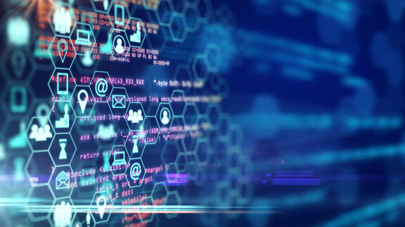 Abstract digital background showing hexadecimal codes, icons, and technology symbols, representing the interconnectedness of data, digital communication, and cybersecurity in a high-tech environment