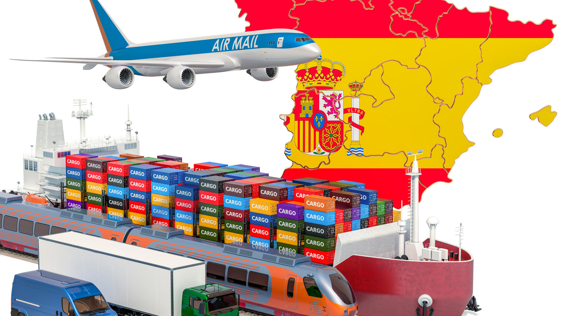 Cargo shipping and freight transportation in Spain by ship, airplane, train, truck and van. 3D rendering isolated on white background