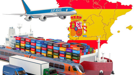 Cargo shipping and freight transportation in Spain by ship, airplane, train, truck and van. 3D rendering isolated on white background