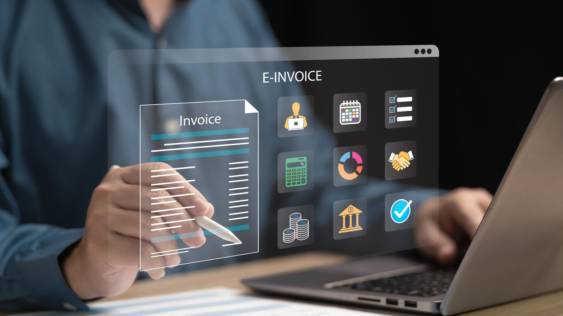 Digital e-invoicing workflow with invoice, approval, compliance, and financial process icons displayed above a laptop.