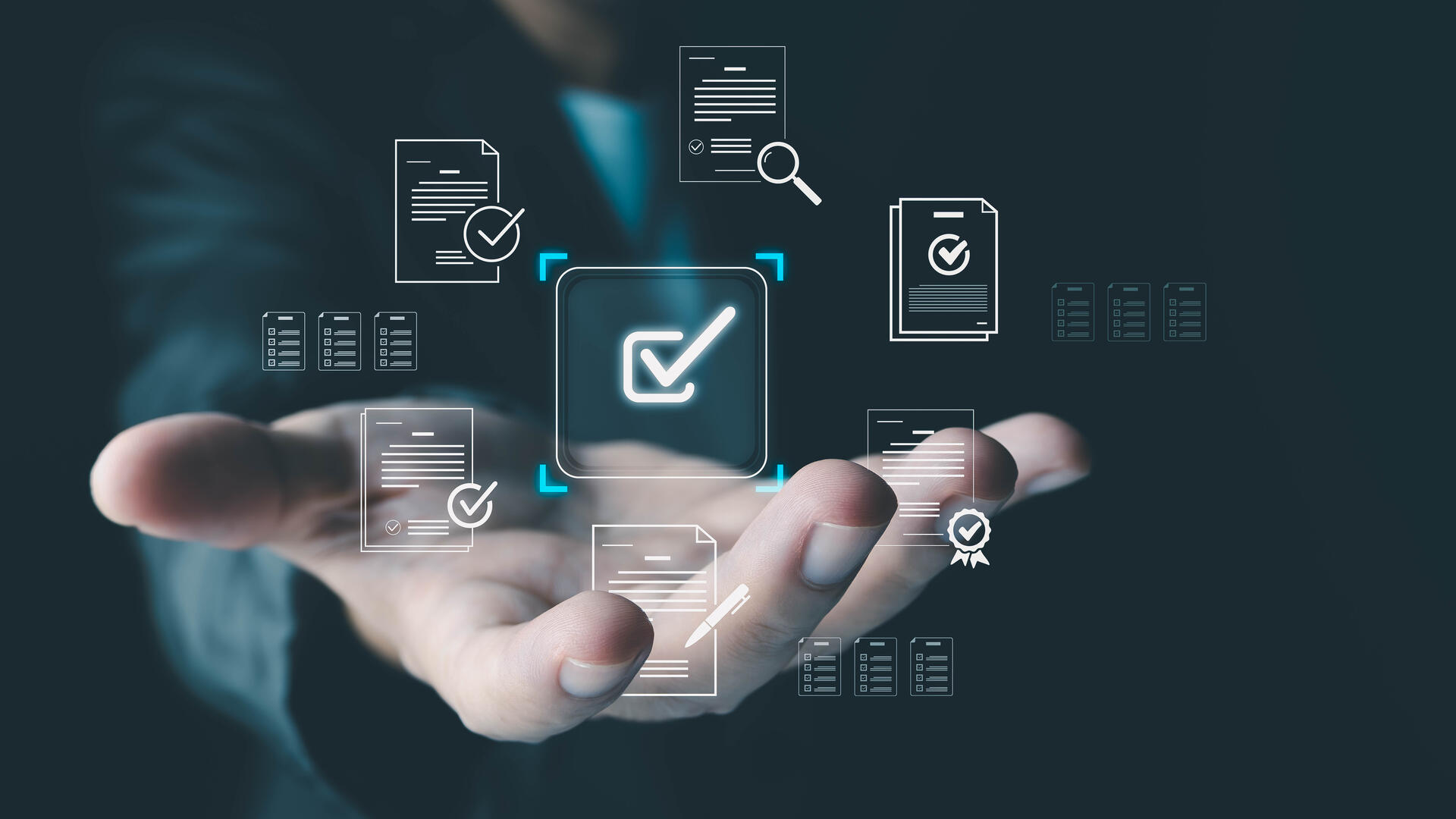 Digital validation and document reconciliation in the supply chain, shown as verified business documents and checklist icons above a hand.