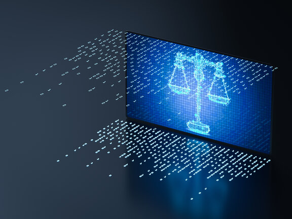 Law concept with 3D rendering of digital screen display scale law