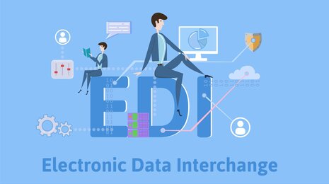 two business professionals interacting with the letters 'EDI' (Electronic Data Interchange) surrounded by symbols representing data exchange, security, and analytics