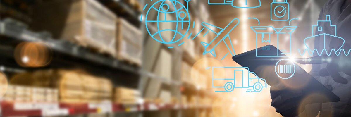 © iStockphoto/greenbutterfly "Warehouse worker using a tablet with logistics and supply chain icons overlayed, representing global shipping, delivery, and technology integration in inventory managemen