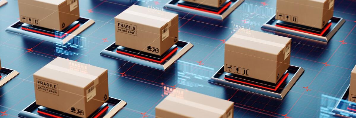 Rows of cardboard boxes on digital platforms with barcode scanners and holographic information, representing advanced logistics, automation, and smart packaging solutions