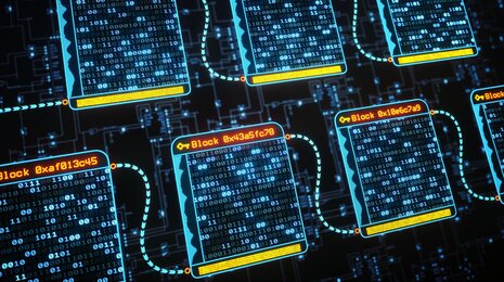 Digital representation of blockchain technology with interconnected data blocks and binary code