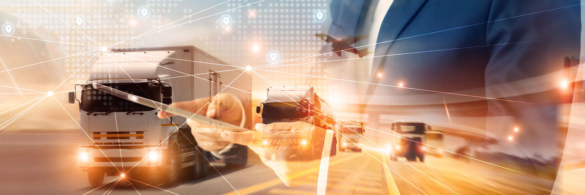 Digital logistics concept with trucks, a businessman, and network lines representing supply chain flow