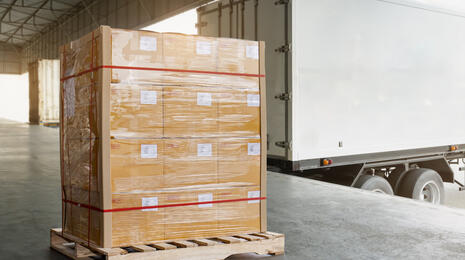 Palletized goods wrapped in plastic at a warehouse loading dock next to a delivery truck.