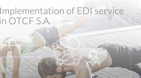 Banner image showing the text &lsquo;Implementation of EDI service in OTCF S.A.&rsquo; with the 4F logo, overlaid on a sporty scene of athletes exercising with digital network icons symbolizing ERP and data connectivity.
